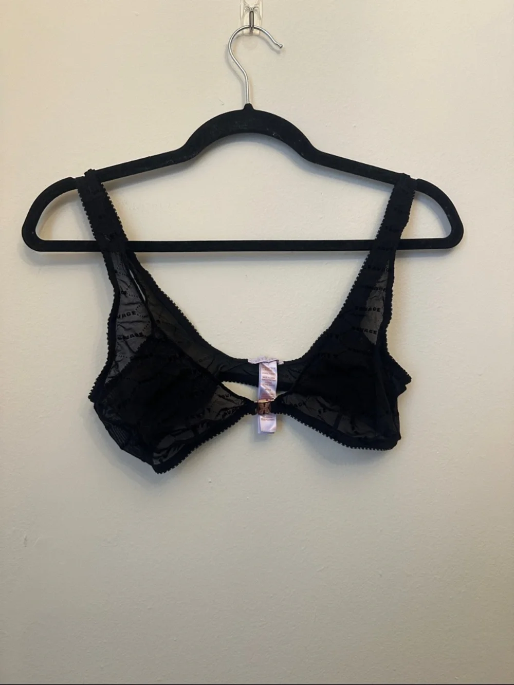 Savage X Fenty Black Lace Mesh Bralette Lingerie Sz M Rose Gold Front Clasp